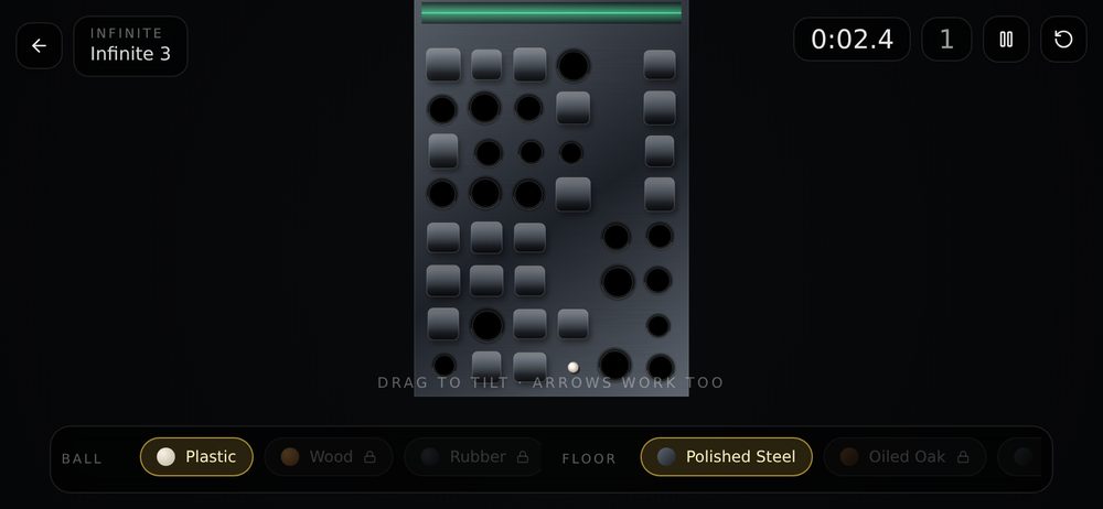 A level in landscape: a ball at the foot of a steel board scattered with blocks and holes, the finish line at the top, the timer in the corner and ball and floor choices along the bottom.