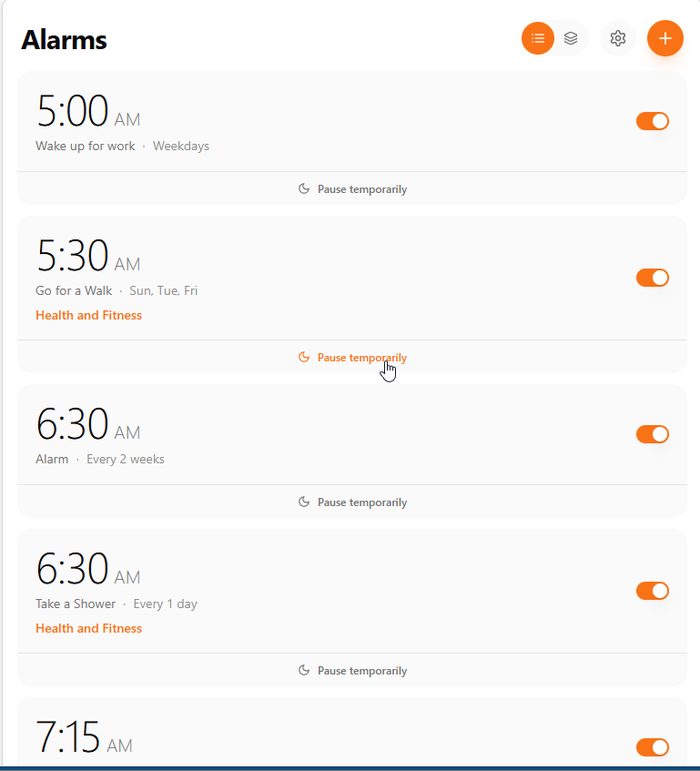 The alarm list, with sample alarms such as Wake up for work and Go for a Walk, each with a Pause temporarily button beneath it.